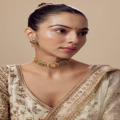 vivinia BY VIDHI MEHRA Morpankh Gold Plated Multi Womens Kundan, Polki Choker Necklace Set with Pair of Earrings (Freesize) - VN806