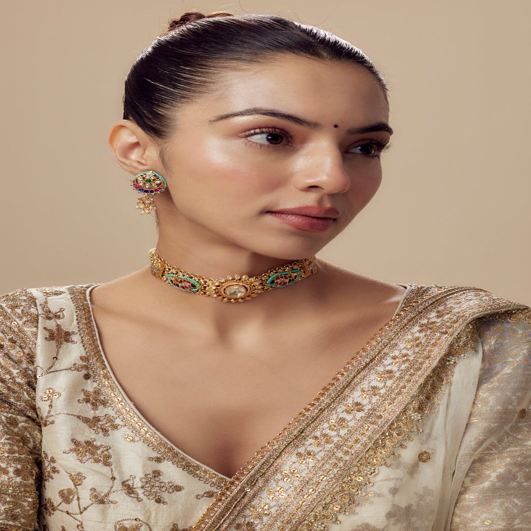 vivinia BY VIDHI MEHRA Morpankh Gold Plated Multi Womens Kundan, Polki Choker Necklace Set with Pair of Earrings (Freesize) - VN806