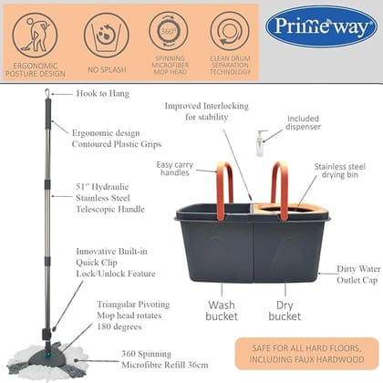 Stainless Steel Upgraded Triangular Head Hydraulic Handle Twin Bucket Wash & Dry Spin Mop | SS Dewatering Basket | 51" Advanced Stick Rod w/triangular 2 Refills | Clean & Dirty Water | 6 Ltr
