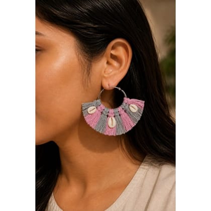 PINK & GREY MACRAMร SHELL TASSEL EARRINGS PINK & GREY MACRAMร SHELL TASSEL EARRINGS