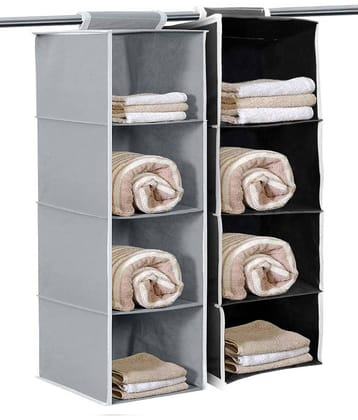 4 Shelf Closet Hanging Organizer,Wardrobe Organizer Clothes Storage Hanger for Family Closet Bedroom, Foldable and Universal Fit (Grey / Black) Pack Of 2