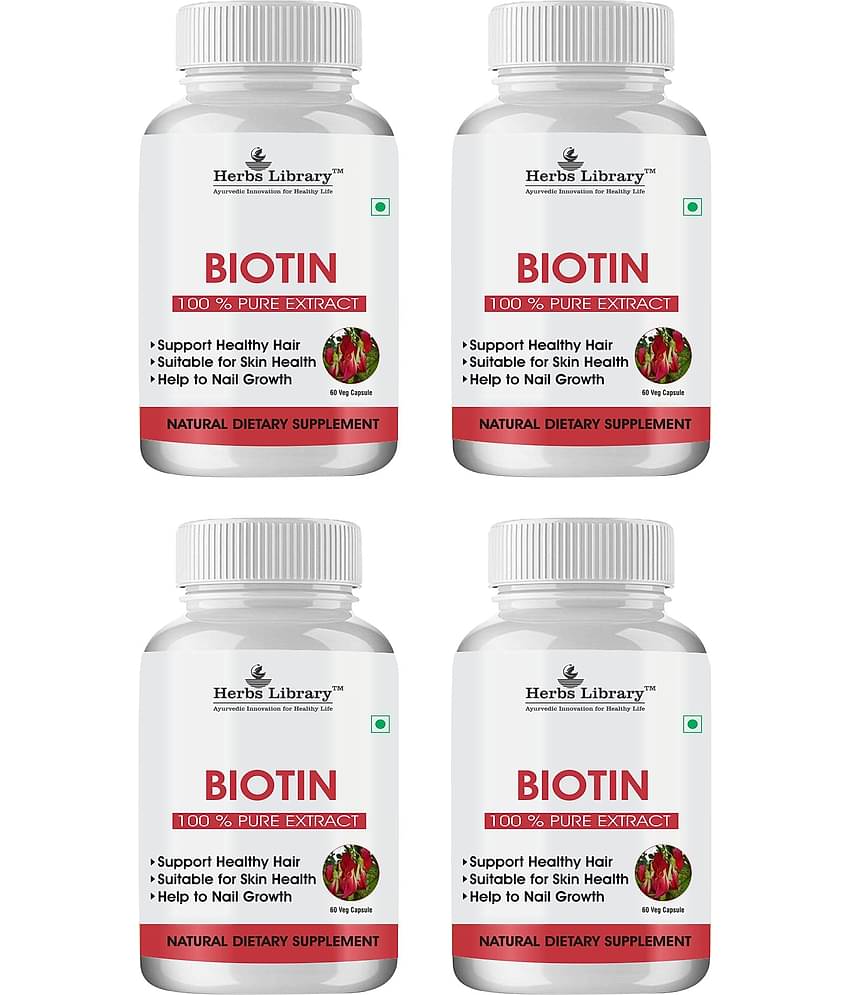 Herbs Library Biotin Capules For Hair Growth, Skin and Nails, 60 Capsules Each (Pack of 4)