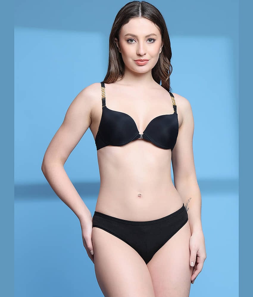 PrettyCat Pack of 1 Polyester Bra & Panty Set For Women ( Black )