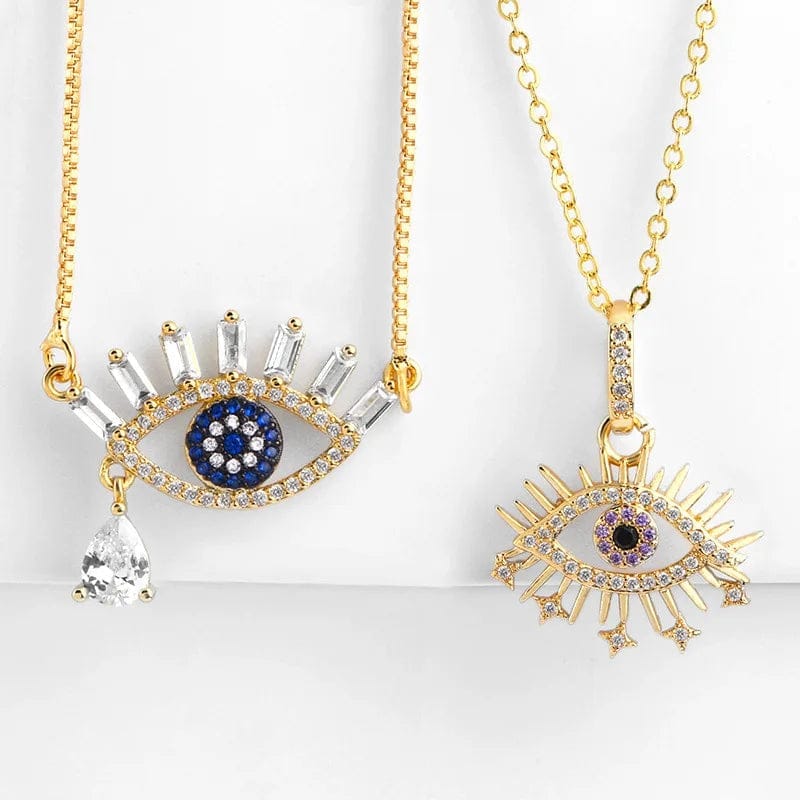 CZ Evil Medallion Eye Necklace 18k Gold Paper Clip Chain Coin Pendant Necklace Pave Turquoise Cubic Zirconia Protection Layering