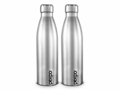 Pexpo Stainless Steel Fridge Water Bottle, 1L, Pack of 2, Silver, Genro | Wide Mouth Water Bottle with a Sturdy Grip