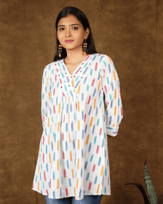 White Ikat Cotton Tunic Top with Hand-Embroidered V Neck-M