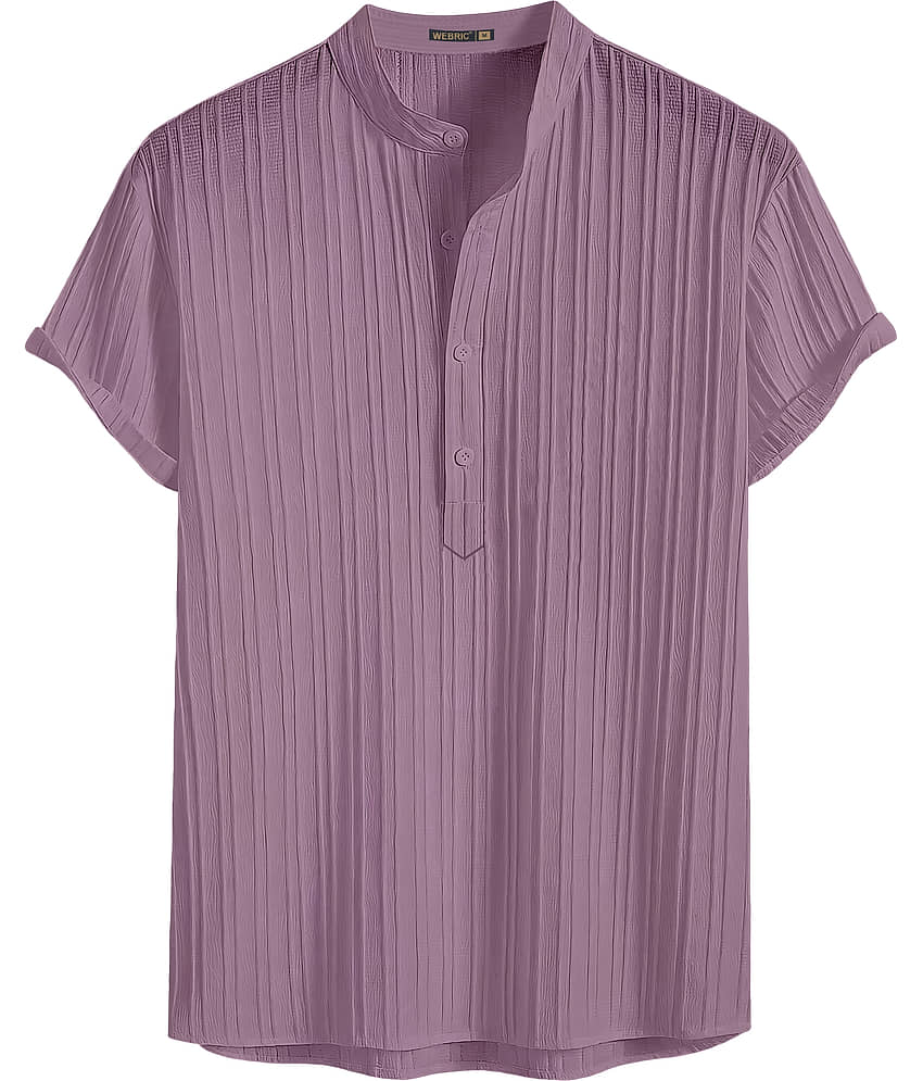 WEBRIC Cotton Blend Striped Shirt Style Kurta For Men ( Pink )