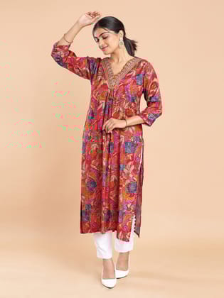 Kalyan Silks Floral Printed Rani Pink Kurti Top