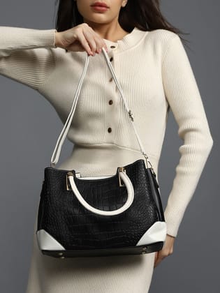 Black Colourblocked Vegan Leather Handbag-Handheld Bag