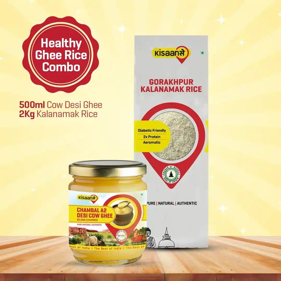 KisaanSay Chambal A2 Desi Cow Ghee 500ml + Gorakhpur Kalnamamak Rice 2Kg