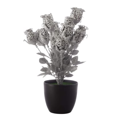 Foliyaj Silver Spray Painted Artificial Spiral Rose Plant with Pot for Living Room,Indoor/Outdoor Decor,Office and Home Decoration