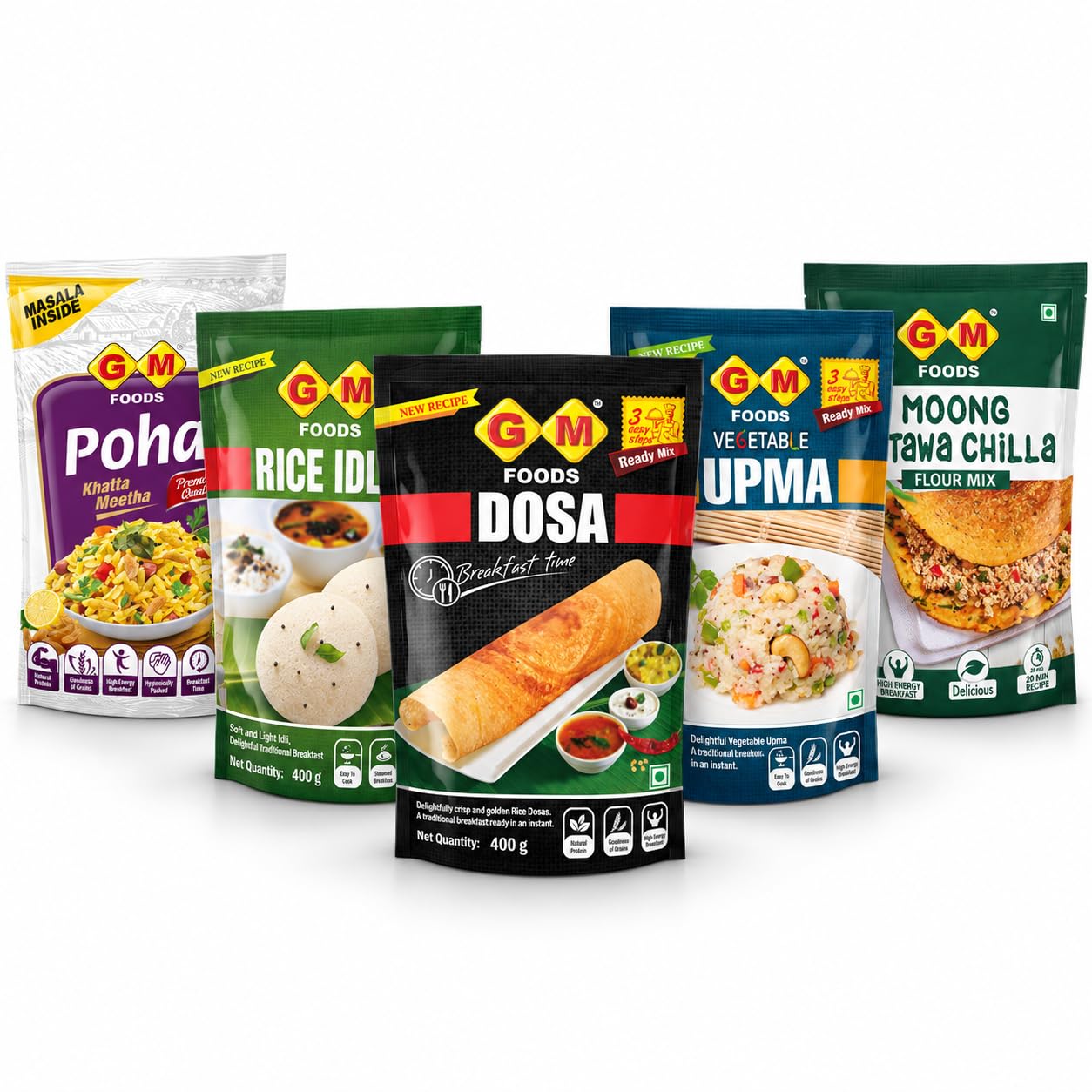 GM Foods 5-Day Breakfast Combo Pack of 5 | Dosa Mix, Rice Idli, Vegetable Upma & Moong Tawa Chilla 400g Each + Poha Khatta Meetha 500g | Ready to Cook Indian Breakfast Variety Pack | Total 2.1kg