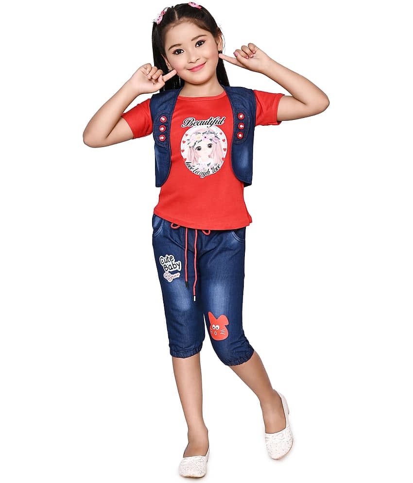 DS DRESSES Pack of 1 Girls Cotton Blend T-shirt & Jeans ( Red )