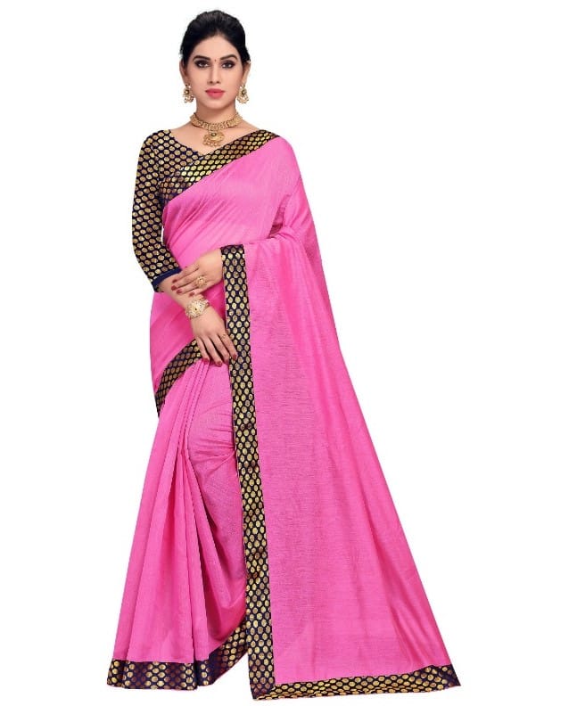 Generic Women's Chanderi Cotton Lace Border Saree With Blouse (Pink, 5-6  Mtr)