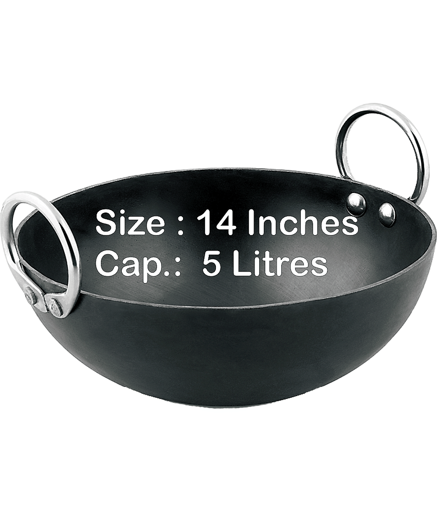 Veer Ms Kadai Non coated Iron Deep Kadhai Heavy Bottom Stainless Steel Handle 2 Thickness mm 36 cm Diameter ( 5 L )