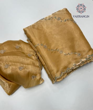 Attractive Golden Colour Partywear Sattin Silk Bits Maggam Cut Work Border Saree For Wedding