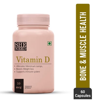 SheNeed  Vitamin D Supplement For Women - Helps in Alleviating Menstrual Cramps, Bone & muscle & Support Immune System - 60 Tablets
