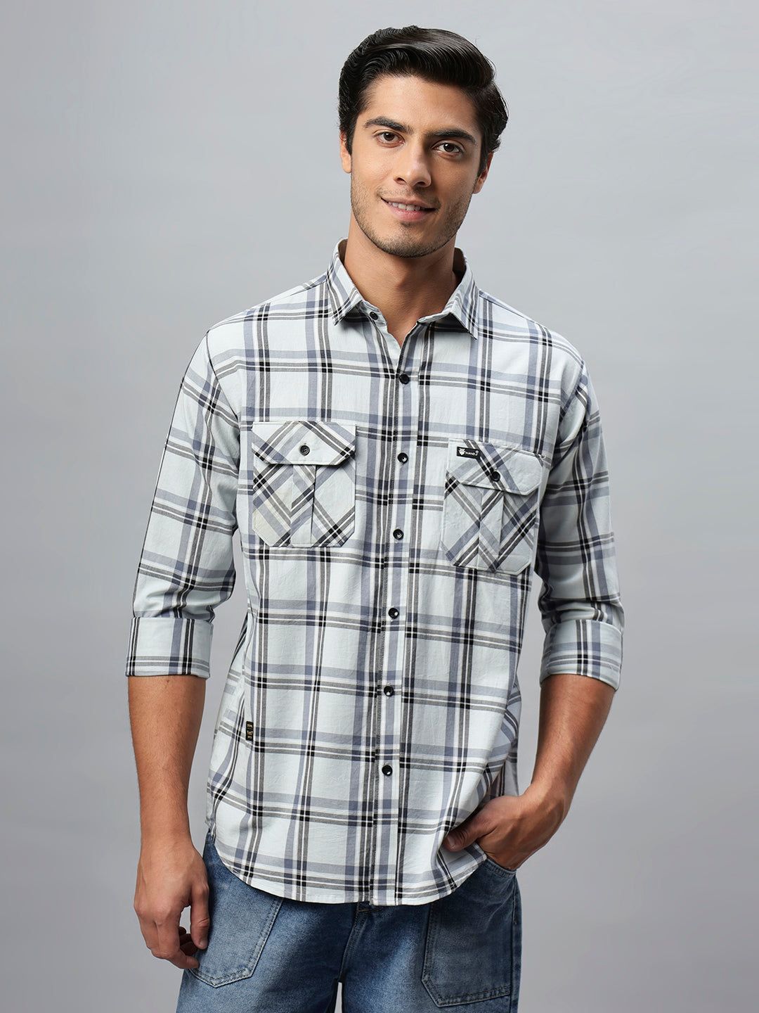 Men Grey Comfort Checks Checked Casual Shirt-S