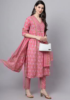 Pink Cotton Printed Sequin Work Kurta Set-S