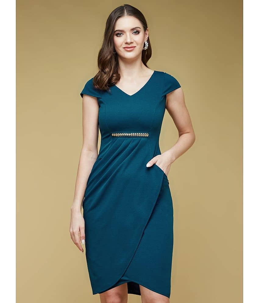 Life with Pockets Women Polyester Solid Bodycon Dress ( Teal )