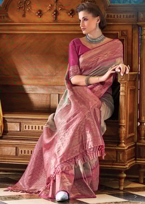 Grey And Maroon Woven Banarasi Soft Silk Saree