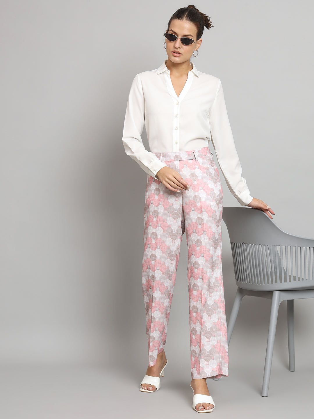 Mid Waist Printed Straight Fit Trouser- Pink-S