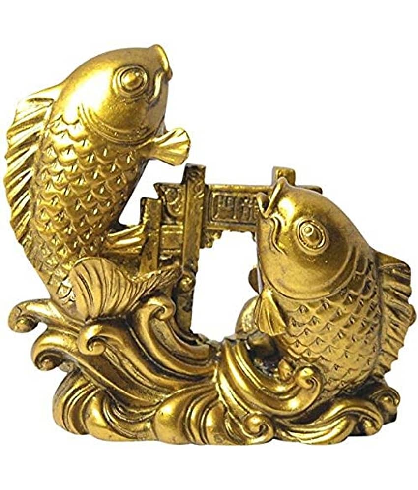 Vastu/Feng Shui Golden Double Fish for Health Wealth & Happiness (Polyresin, Gold)