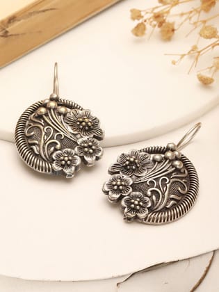 Oxidised Silver Toned Floral Design Minimal Fishhook Drop Earrings