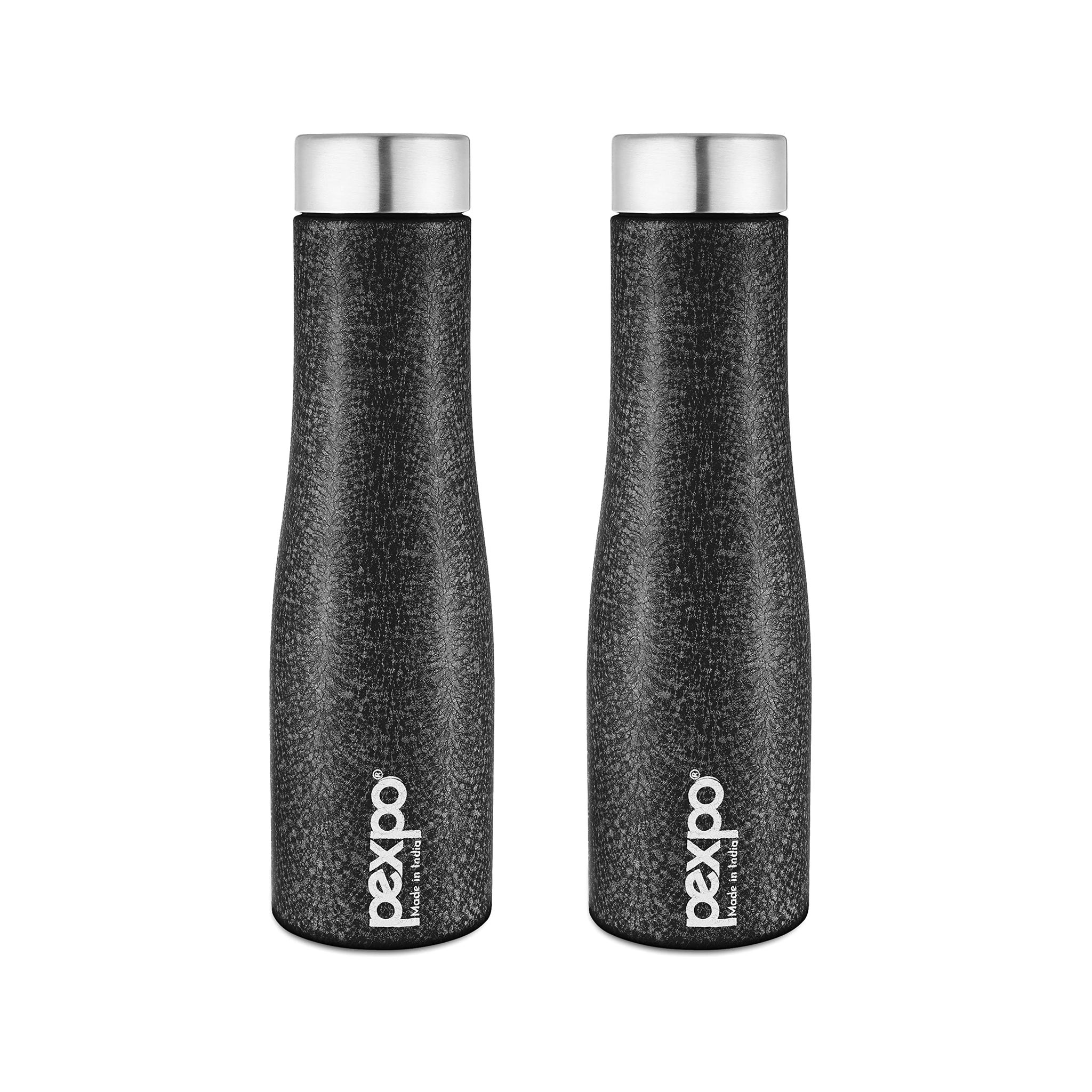 Pexpo Stainless Steel Fridge Water Bottle, 1L, Pack of 2, Black, Monaco | Fast Cooling & Leak-Proof Water Bottle