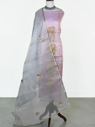 Handwoven Kota Doria Dress Material in Pastel Lilac with Hand Embroidery Handwoven Kota Doria Dress Material in Pastel Lilac with Hand Embroidery