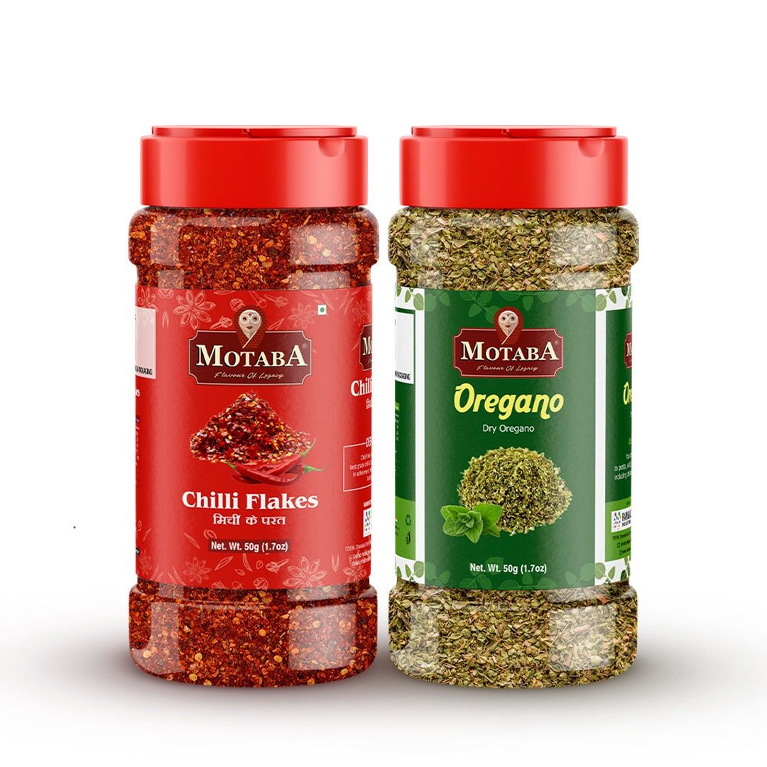 MOTABA Masala Organic Motaba International Sprinklers Chilli Flakes & Pizza Pasta Seasoning, 50 gm Each - Pack of 2