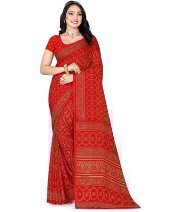 LEELAVATI Georgette Printed Saree With Unstitched Blouse Piece ( Red )