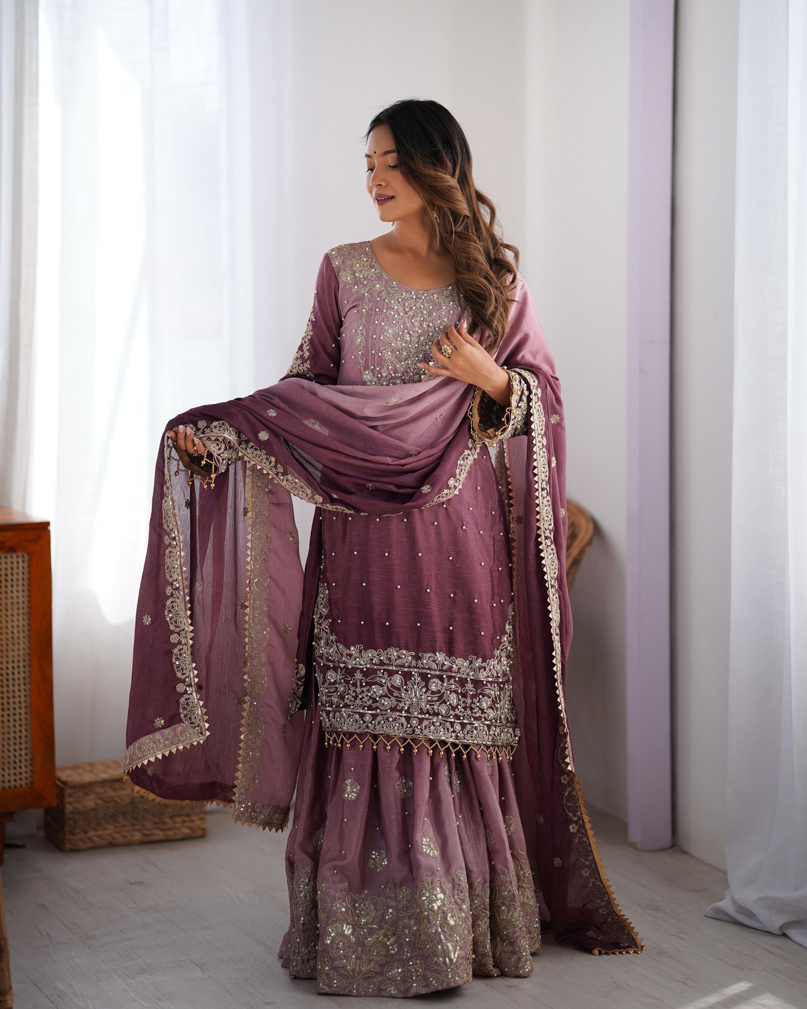 Chinon Silk Sequence Embroidery with Moti Work Kurti Sharar Dupatta Set (Stitched)-Free size [Alterable 38-44]
