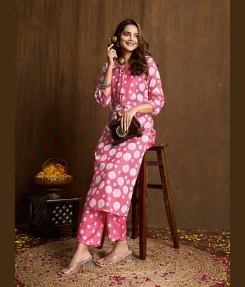 Women Basket Women Cotton Printed Straight Kurti With Pants ( Pink )