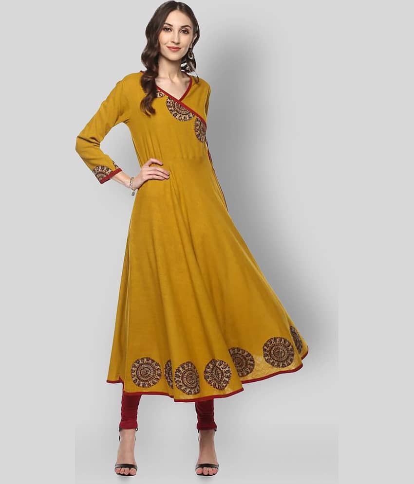 Yash Gallery Pack of 1 Cotton Blend Printed Angrakha Women's Kurti - ( Yellow )