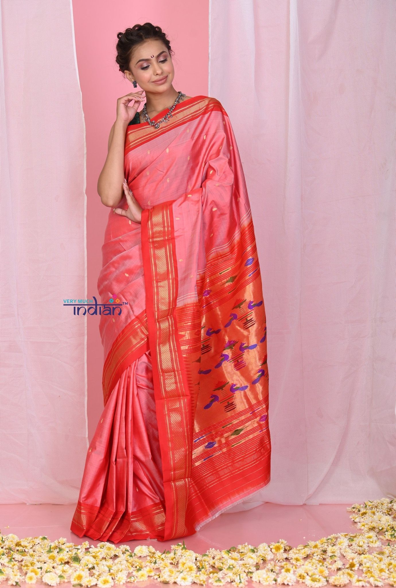 Pehal~ Authentic Handloom Peachy Red Pure Silk Paithani with Red Border & Traditional Double Pallu