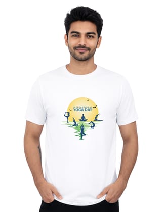 International Yoga Day Multiple Yoga Poses Polyester Round Neck T-Shirt 140 GSM White