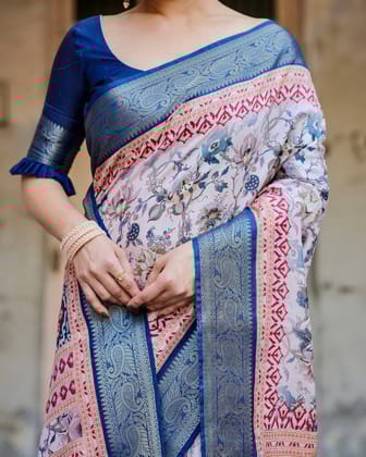 Ivory and Navy Blue Tussar Silk Saree with Floral Elegance and Ornamental Zari Work-Regular