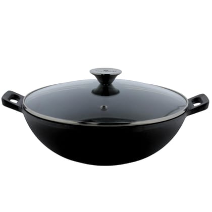 TRILONIUM Cast Iron Kadhai | Sleek | Triple-Seasoned | 26 cms | Capacity 3 litres | with Toughened Glass Lid | Weighs 2.4 Kgs | Induction Compatible
