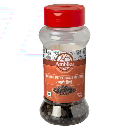 Ambika Black Pepper Whole (Kali Mirch) 50g| Natural Black Peppercorns, Premium Whole Black pepper, With No Added Artificial Color, Flavor & Preservatives (Bottle)
