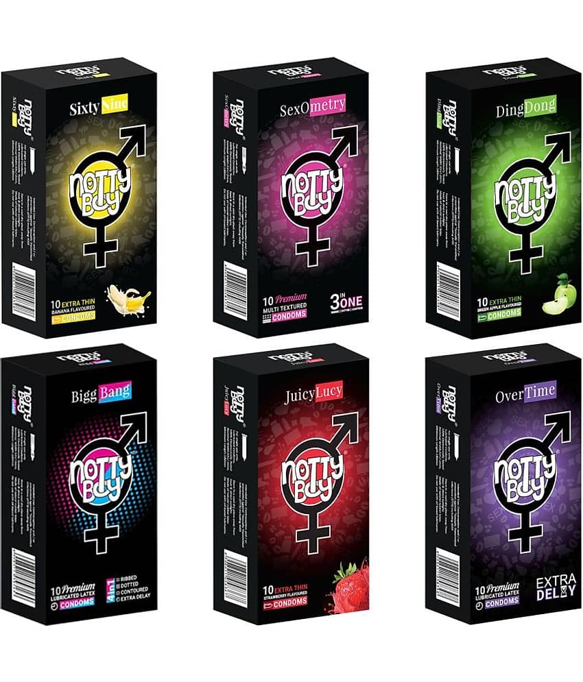 NottyBoy Family Pack Combo Ribs Dots Contour Extra Delay Strawberry Banana and Fruit Flavour Condoms - 60 Pcs
