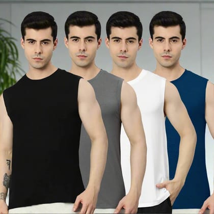 Heelium Bamboo Gym Vest for Men - Pack of 4-Black | Navy Blue | Grey | White / Medium
