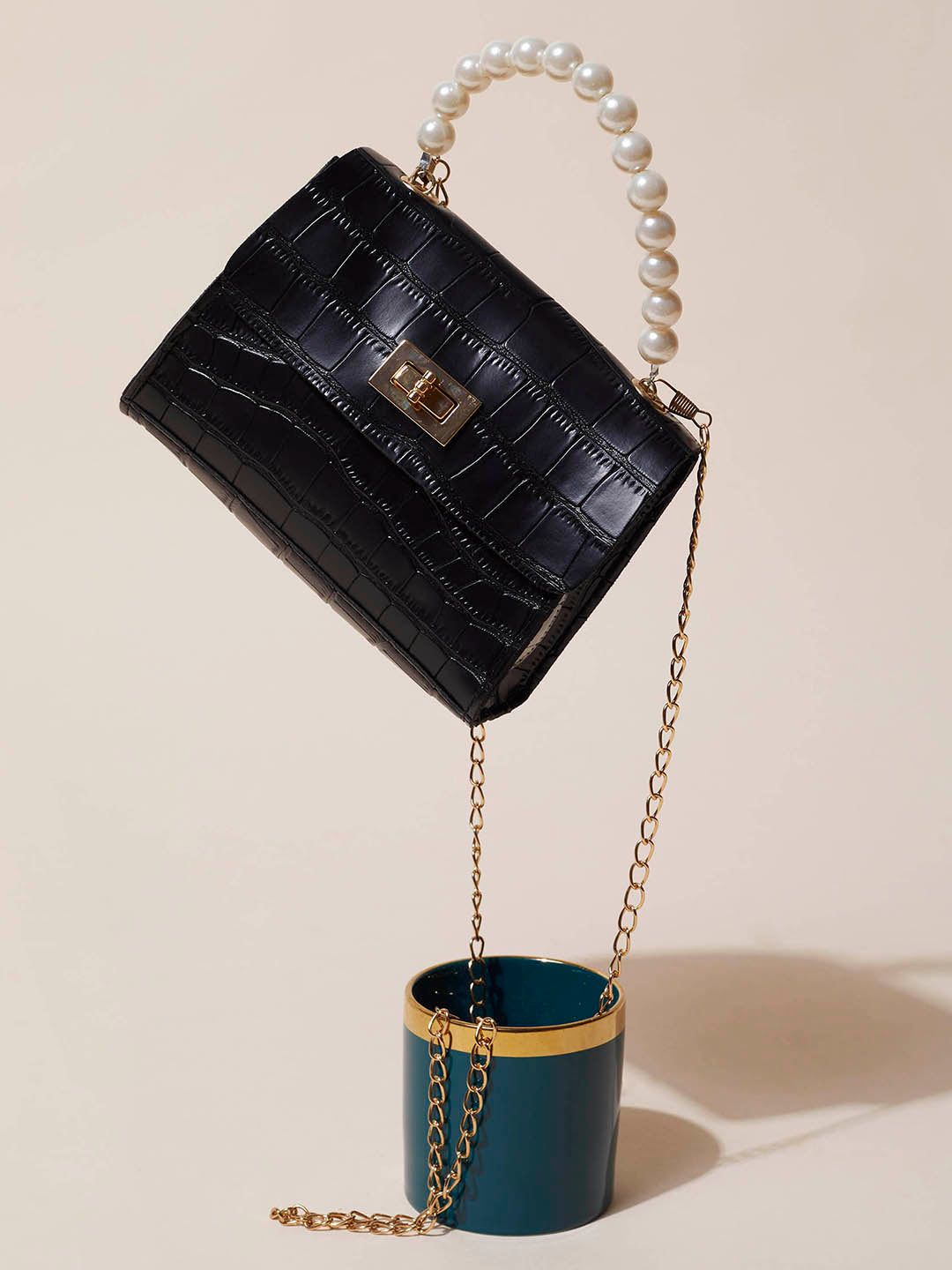 Sleek Textured Black Cross Body Bag-Satchel