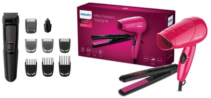 PHILIPS Hp8643/46 Straightener (Pink/Black) & Multi Grooming Kit Mg3710/65, 9-In-1 (New Model), Face, Head And Body, 60 Mins Run Time, 1000 Watts PHILIPS Hp8643/46 Straightener (Pink/Black) & Multi Grooming Kit Mg3710/65, 9-In-1 (New Model), Face, Head A