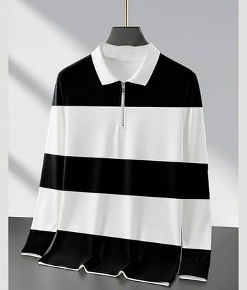 ENITOR Men Cotton Blend Regular Fit Striped Polo T Shirt ( White )