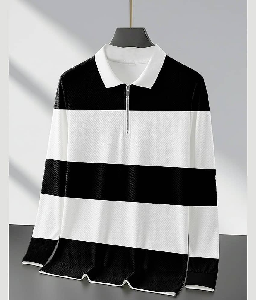 ENITOR Men Cotton Blend Regular Fit Striped Polo T Shirt ( White )