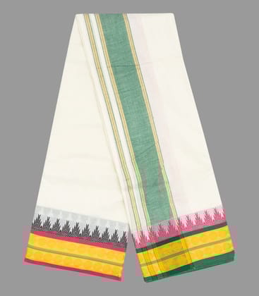 Cream 10 x 6 Cotton Dhoti with Gold Ruthratcham Temple Border-Cream