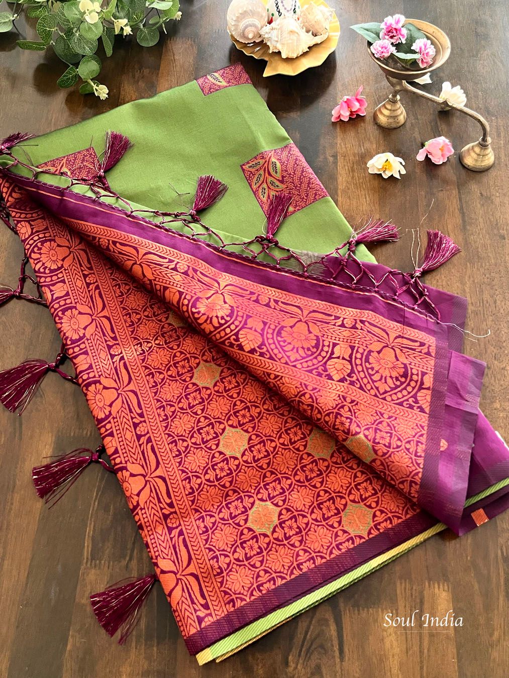 South Silk Saree With Heavy Zari Work-Green
