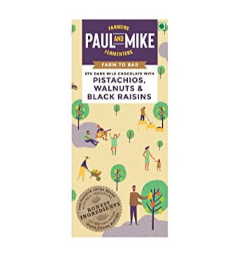Paul And Mike 57% Dark Milk Pistachios Walnuts And Black Raisins Chocolate, 68 gm