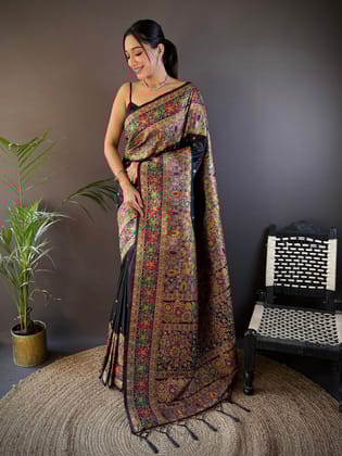 Black Kashmiri Silk Saree: Pashmina Weave & Meena Magic